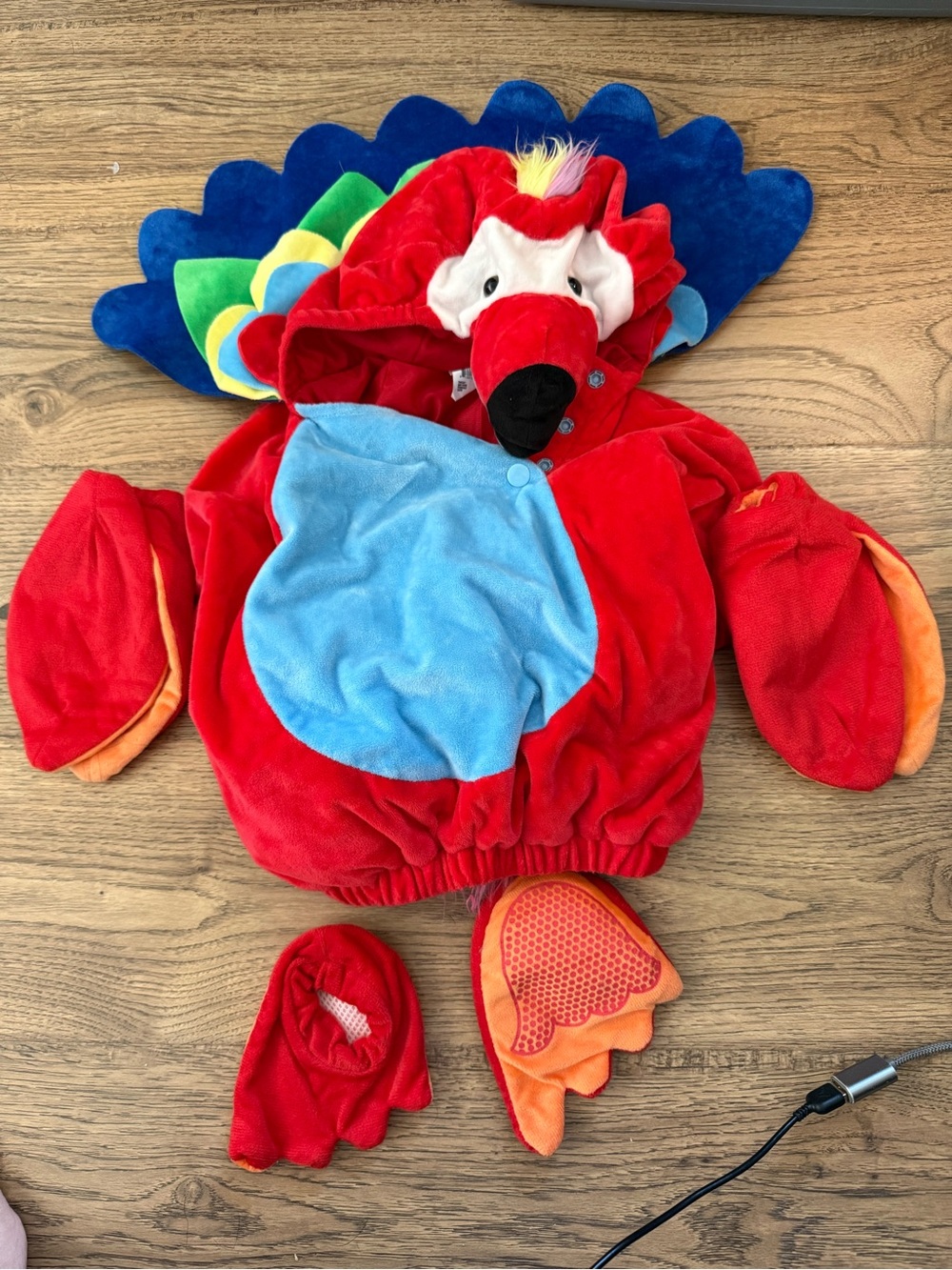 Red Parrot Kids Costume with Blue Chest - Plush Hooded Outfit